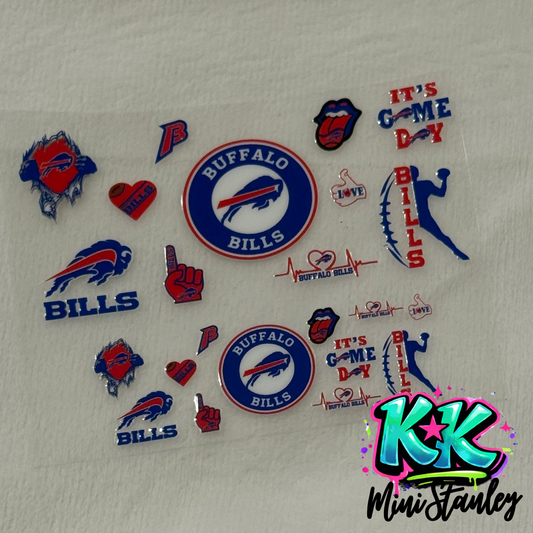 A sheet of Buffalo Bills themed UV DTF adhesive decals for mini cups.
