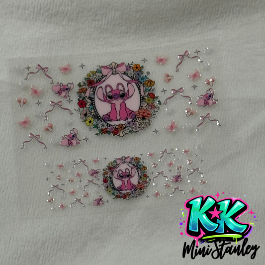 Two UV DTF adhesive wraps featuring a pink Angel character in a floral wreath with bow accents.