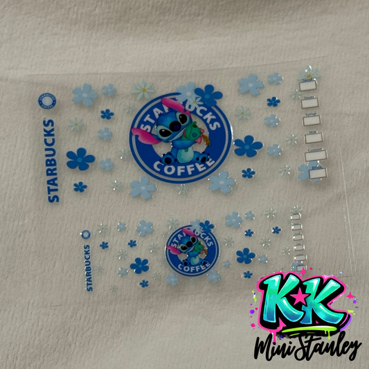 Two clear UV DTF adhesive wraps featuring Stitch and blue flowers for mini cups.