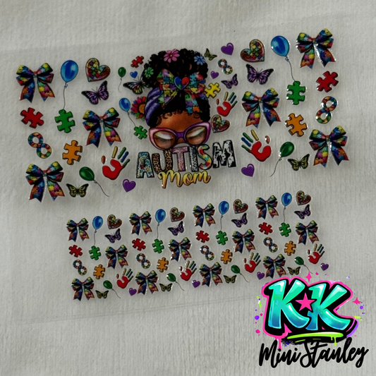 A UV DTF adhesive wrap featuring an Autism Mom design with puzzle pieces, bows, and butterflies.