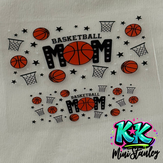 Two basketball mom themed UV DTF adhesive transfers featuring basketballs and hoops on a sheet.