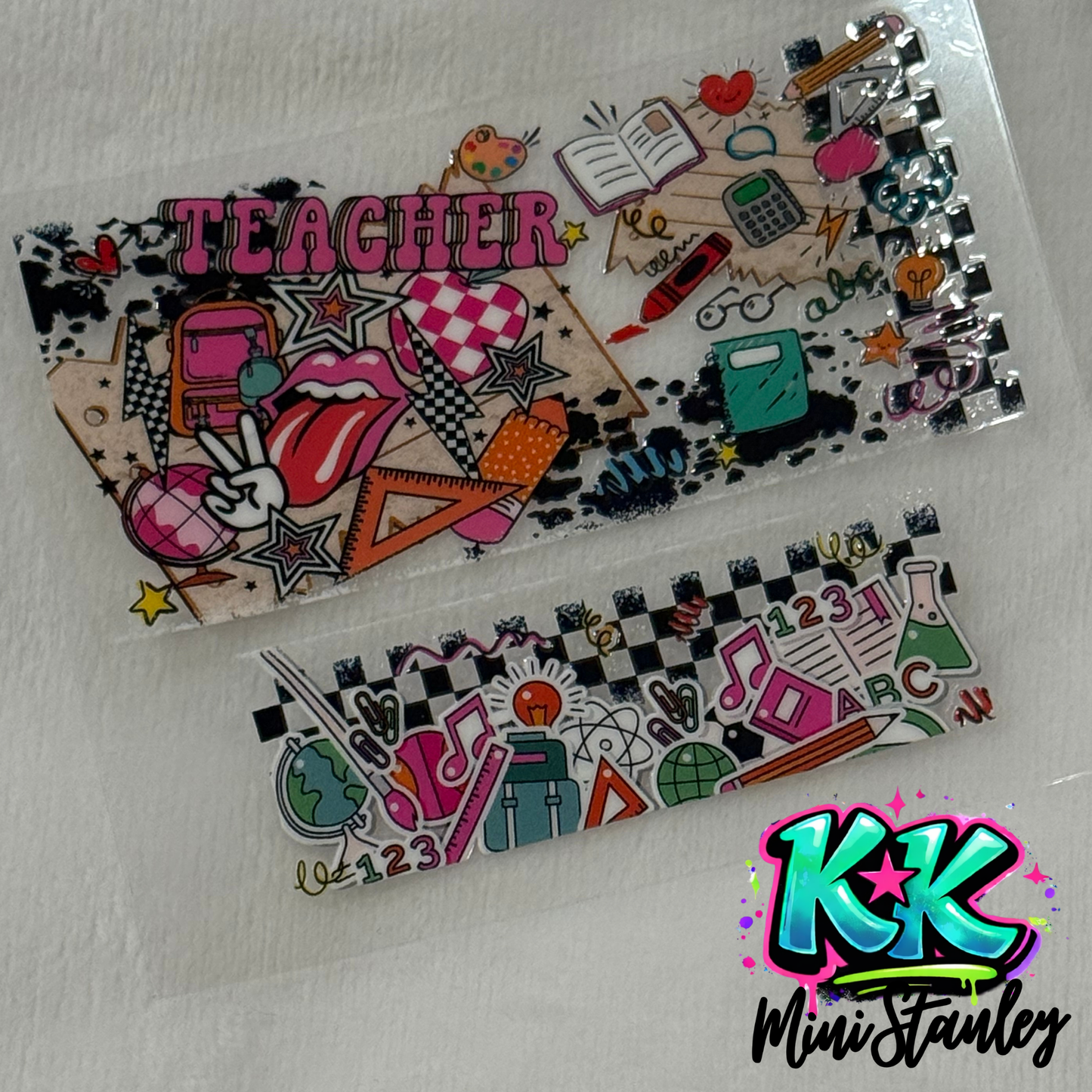 Two school-themed UV DTF adhesive wraps for mini keychains featuring colorful educational icons.