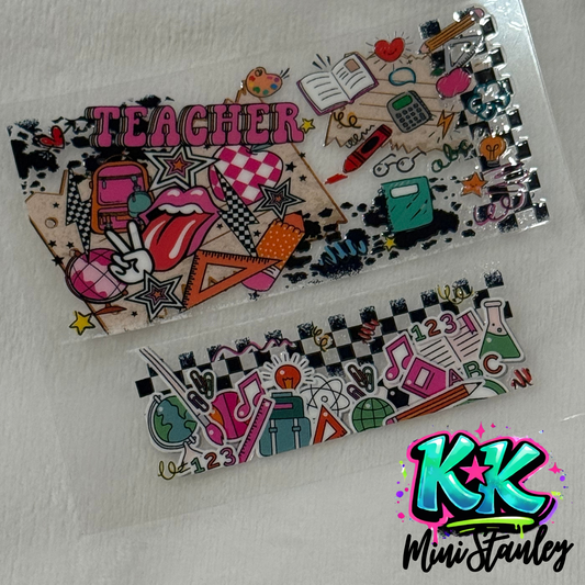 Two school-themed UV DTF adhesive wraps for mini keychains featuring colorful educational icons.