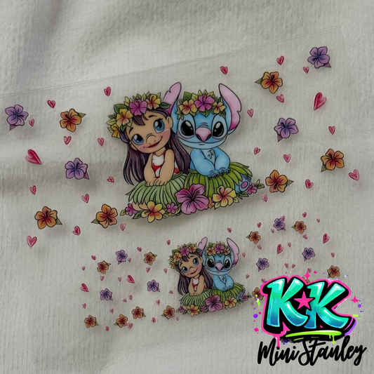 A UV DTF adhesive decal featuring Lilo and Stitch surrounded by flowers and hearts.