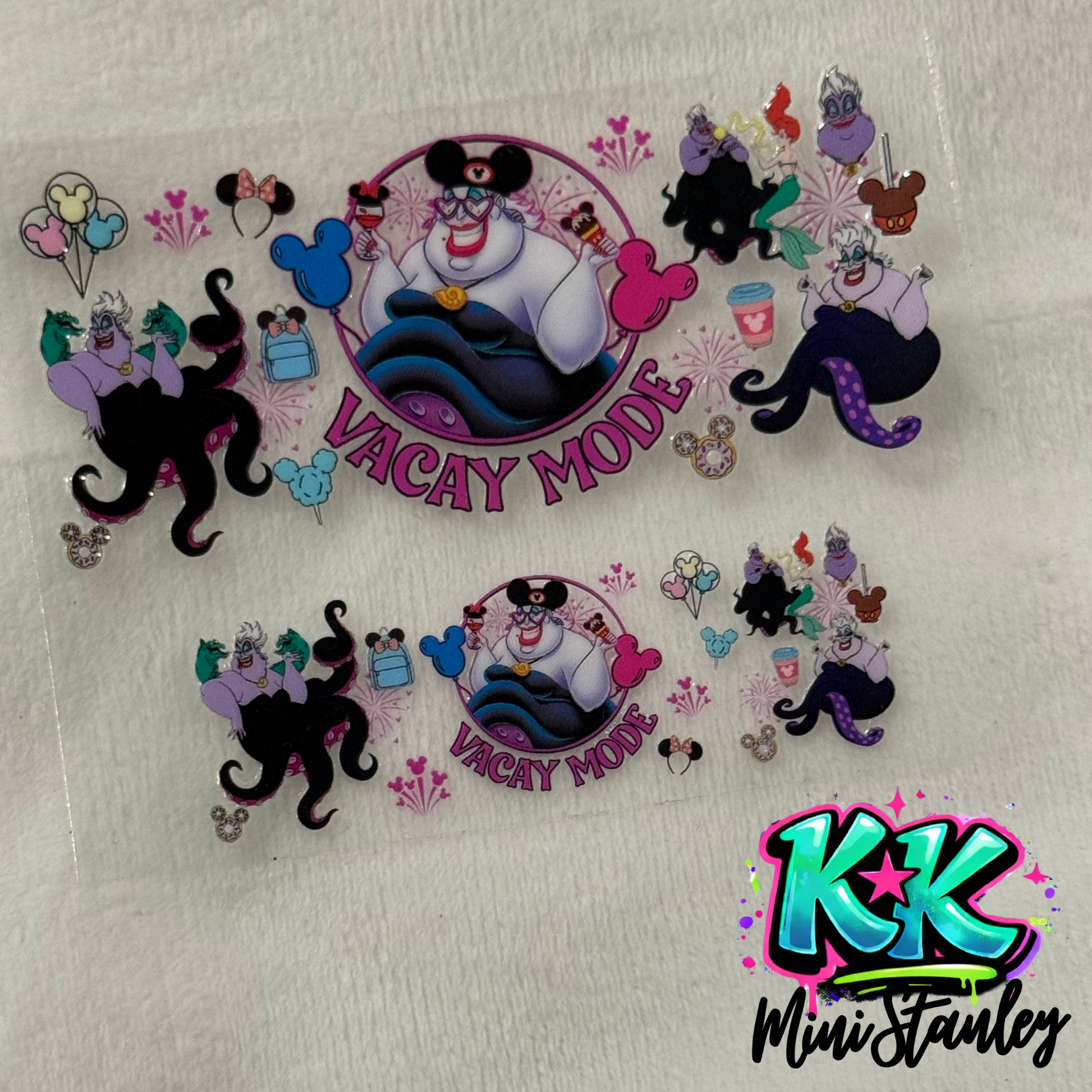 Two UV DTF adhesive decals featuring Ursula from The Little Mermaid with Disney-themed icons.