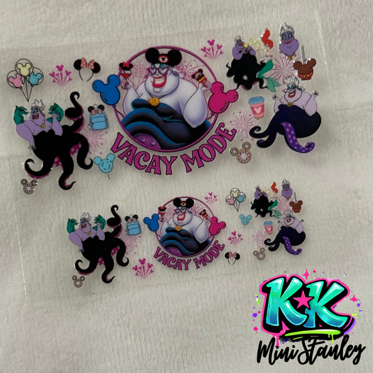 Two UV DTF adhesive decals featuring Ursula from The Little Mermaid with Disney-themed icons.