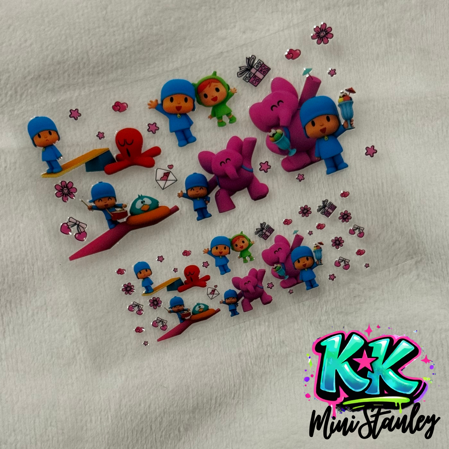 Two sheets of Pocoyo themed UV DTF adhesive transfers for mini keychains on a white background.
