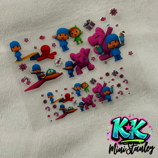 Two sheets of Pocoyo themed UV DTF adhesive transfers for mini keychains on a white background.