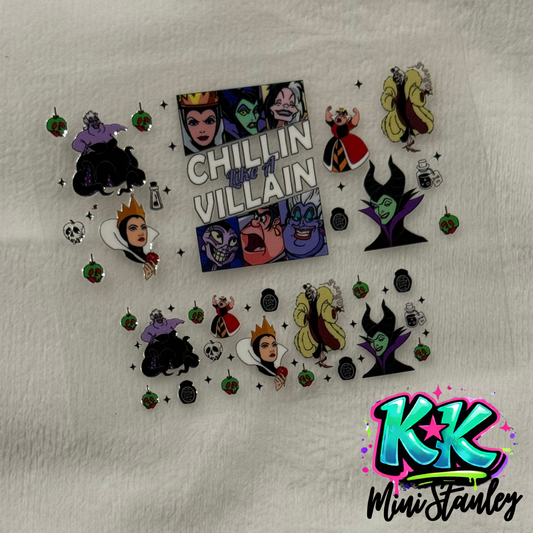 Disney villain themed UV DTF adhesive decal wrap for mini cup keychains.