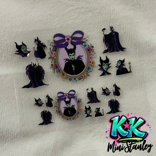 A sheet of UV DTF adhesive transfers featuring Maleficent portraits and floral designs.