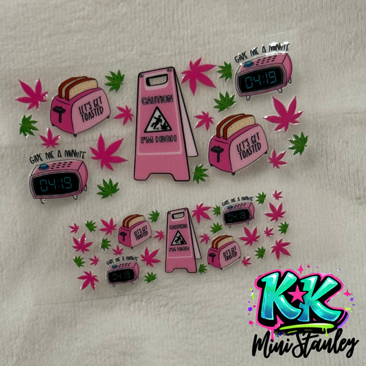 Two UV DTF adhesive wraps featuring pink toasters, alarm clocks, and cannabis leaf designs.
