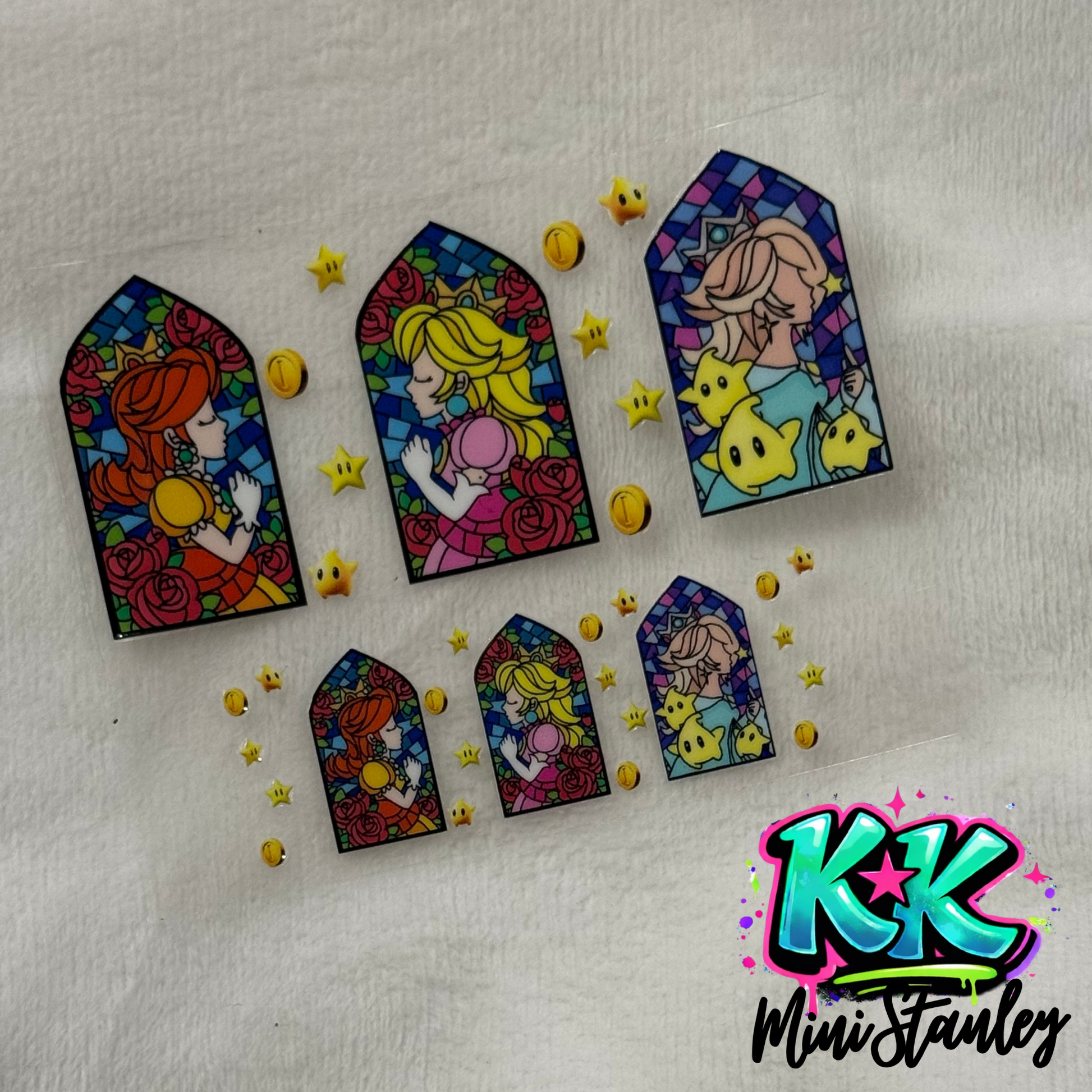 A UV DTF adhesive wrap featuring stained glass designs of Princess Daisy, Peach, and Rosalina.