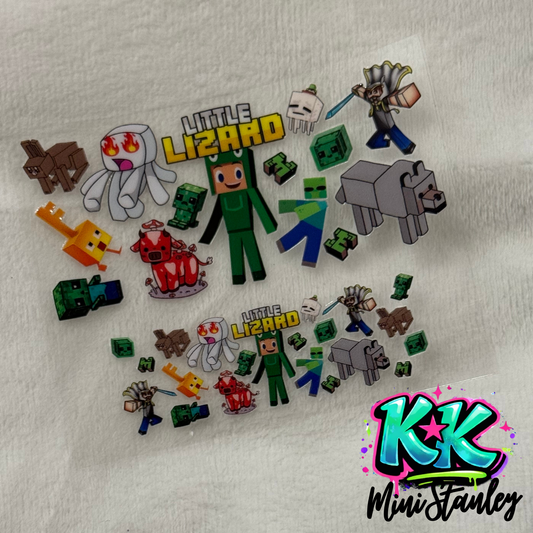Two UV DTF adhesive transfers featuring Little Lizard Minecraft characters and mobs.