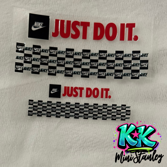 Two sheets of Nike themed UV DTF adhesive transfers featuring logos and checkered patterns.