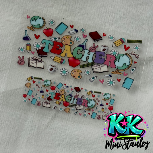 Two UV DTF adhesive decals featuring a colorful teacher-themed design with school supplies.