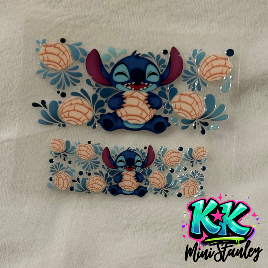 Two UV DTF adhesive transfers featuring Stitch holding a concha surrounded by blue floral accents.
