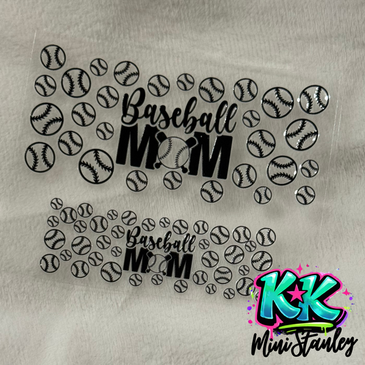 Two UV DTF adhesive decals featuring a Baseball Mom design with baseball patterns on a clear sheet.