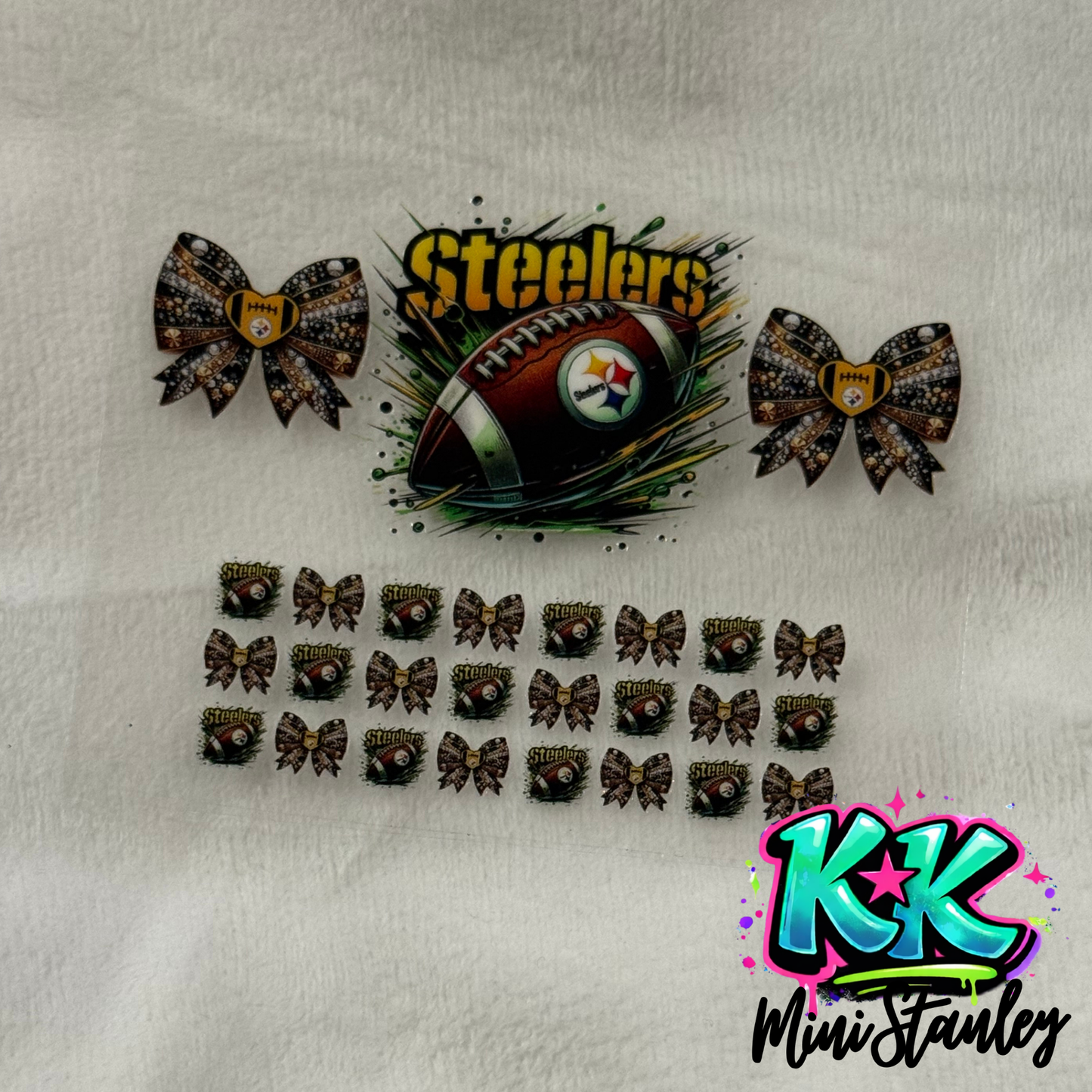 Pittsburgh Steelers themed UV DTF adhesive wrap sheet for mini keychains.