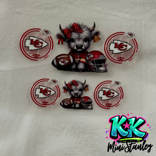 Two sets of Kansas City Chiefs themed UV DTF adhesive transfers featuring a highland cow.