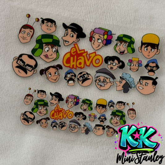 A UV DTF adhesive transfer sheet featuring cartoon character heads from El Chavo del Ocho.