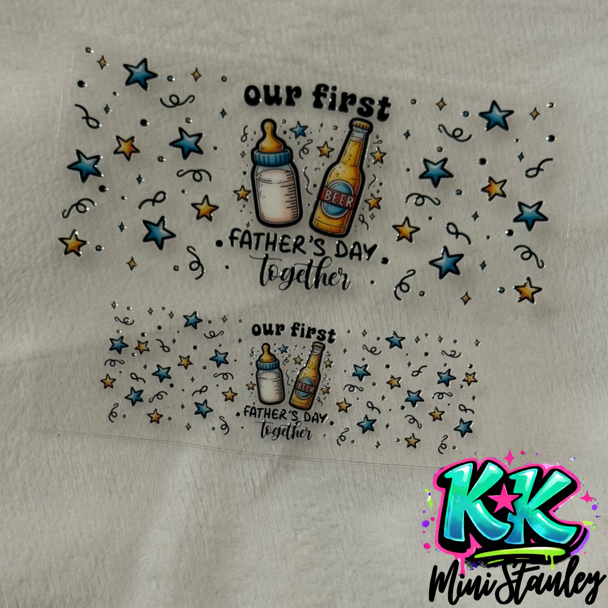 Two UV DTF adhesive wraps for mini keychains featuring a baby bottle, beer bottle, and stars.