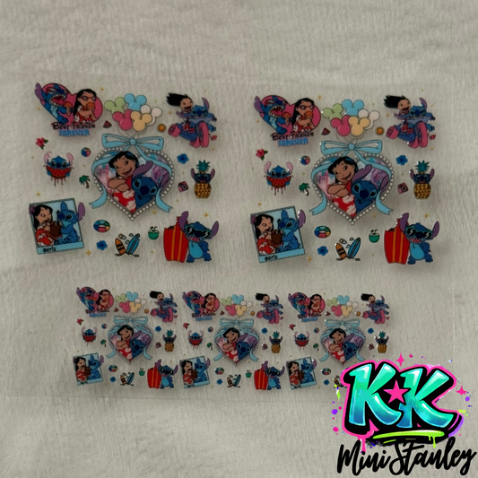 Two sheets of Lilo and Stitch themed UV DTF adhesive decals for mini keychains.