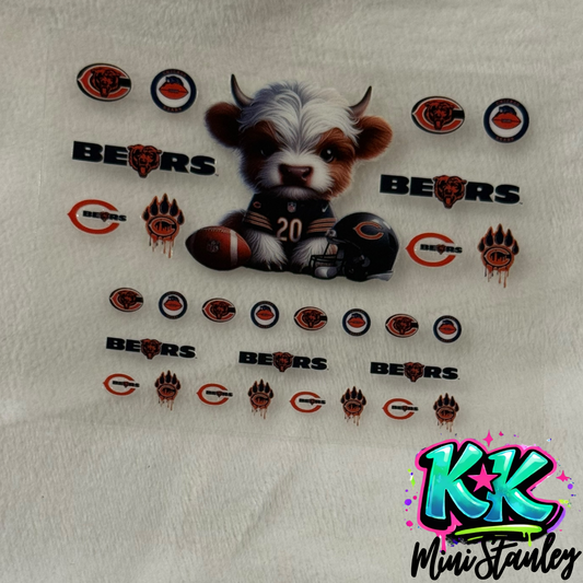 A sheet of Chicago Bears themed UV DTF adhesive decals featuring a mascot and team logos.