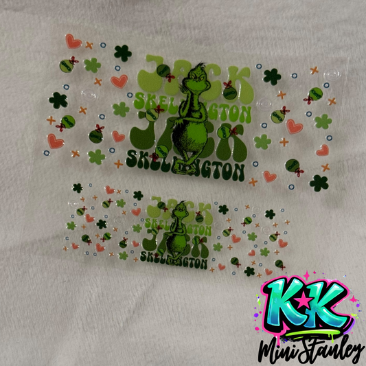 Two UV DTF adhesive decals featuring a Grinch design with text reading Jack Skellington.