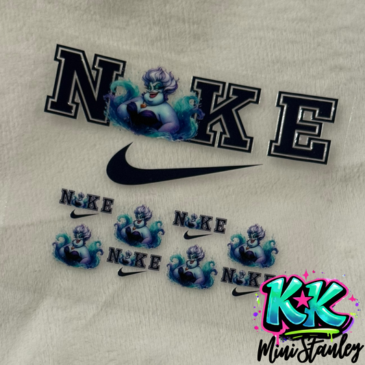 A UV DTF adhesive decal featuring Ursula from The Little Mermaid and Nike-inspired branding.