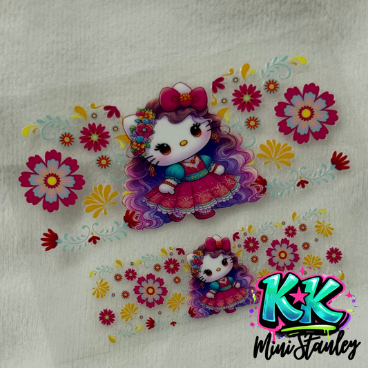 Two floral Hello Kitty UV DTF adhesive decals for mini keychains on a white background.