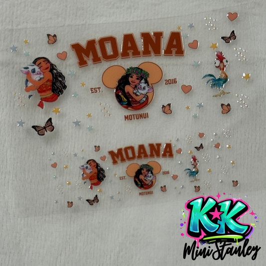Two Moana themed UV DTF adhesive decals featuring characters and text on a clear backing sheet.