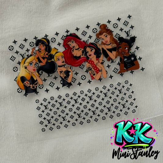 A UV DTF adhesive wrap featuring tattooed Disney princesses against a Louis Vuitton logo pattern.