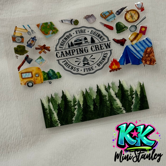 A camping themed UV DTF adhesive wrap featuring a forest scene and various outdoor icons.