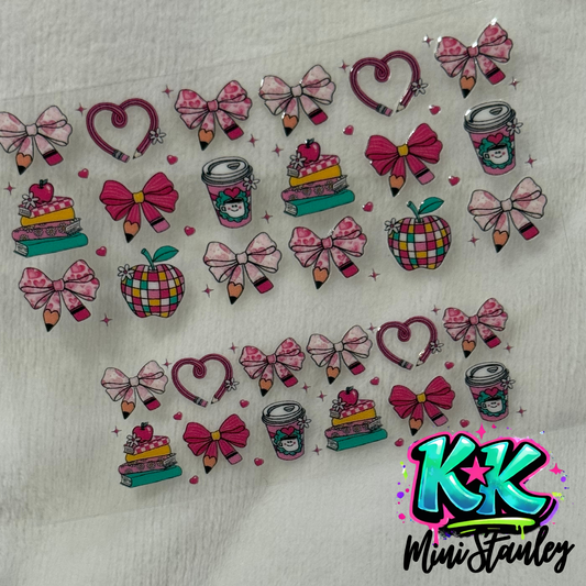 Two sheets of school-themed UV DTF adhesive transfers featuring bows, pencils, and books.