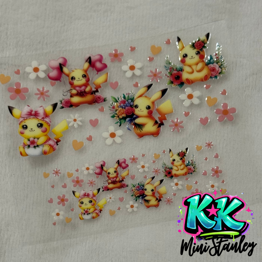 A sheet of floral Pikachu UV DTF adhesive transfers for mini cups featuring various poses.