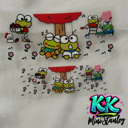 Two UV DTF adhesive wraps featuring Keroppi characters, flowers, and trees for mini keychains.