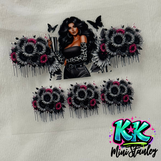 UV DTF adhesive wrap featuring a woman with black hair and sunflowers for a mini cup keychain.