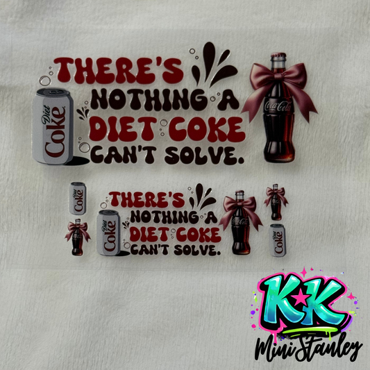 Two UV DTF adhesive decals featuring Diet Coke cans and glass bottles with bows.