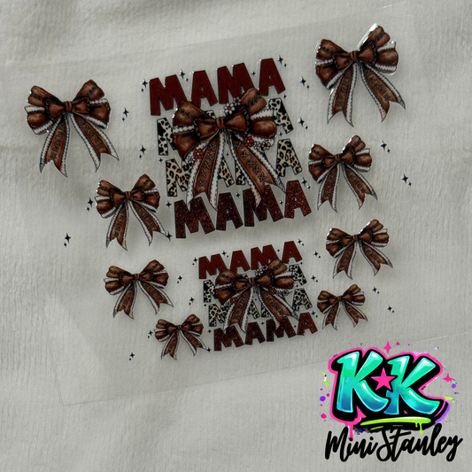 A UV DTF adhesive decal sheet featuring multiple brown leopard print bow and Mama text designs.