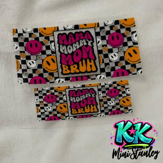 Two UV DTF adhesive wraps featuring a checkered pattern with smiley faces and floral accents.