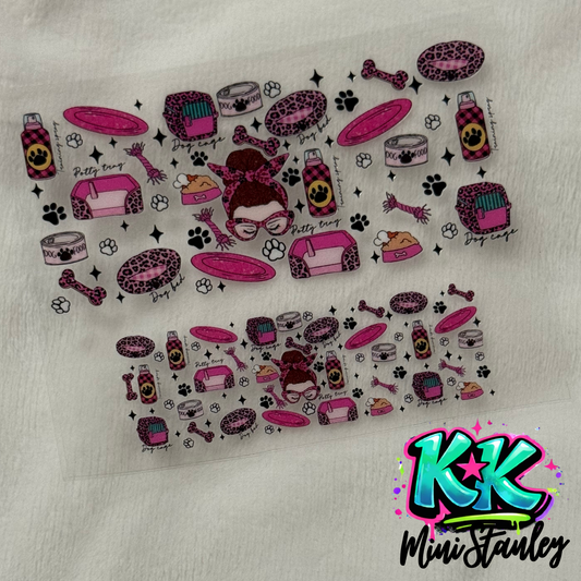 Two UV DTF adhesive wraps for mini keychains featuring a pink dog-themed pattern.