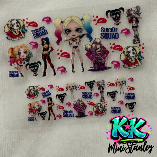 Two sheets of Suicide Squad themed UV DTF adhesive transfers featuring Harley Quinn designs.