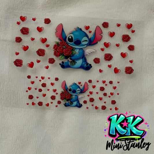 Two UV DTF adhesive decals featuring Stitch holding a bouquet of roses surrounded by hearts.