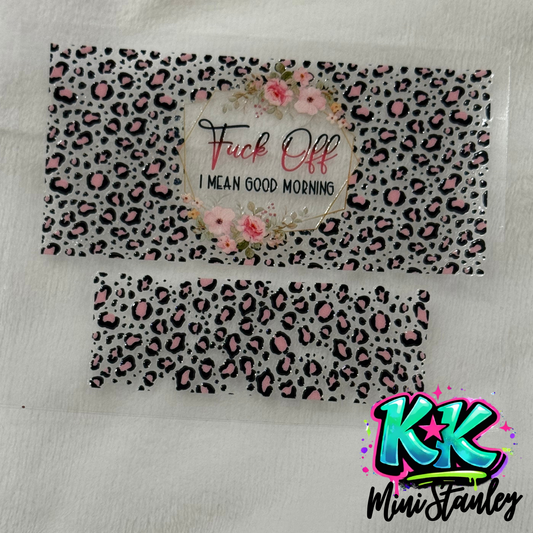 A floral leopard print UV DTF adhesive wrap for a mini keychain cup.