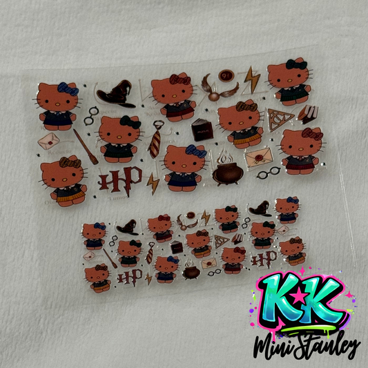Two sheets of Harry Potter themed Hello Kitty UV DTF adhesive transfers for mini cups.