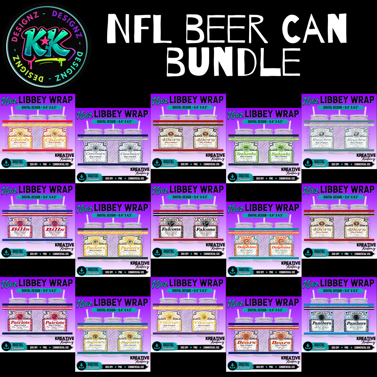 NFL Beer Can | 16oz Libbey Glass Can Wrap PNG - Digital Download Bundle