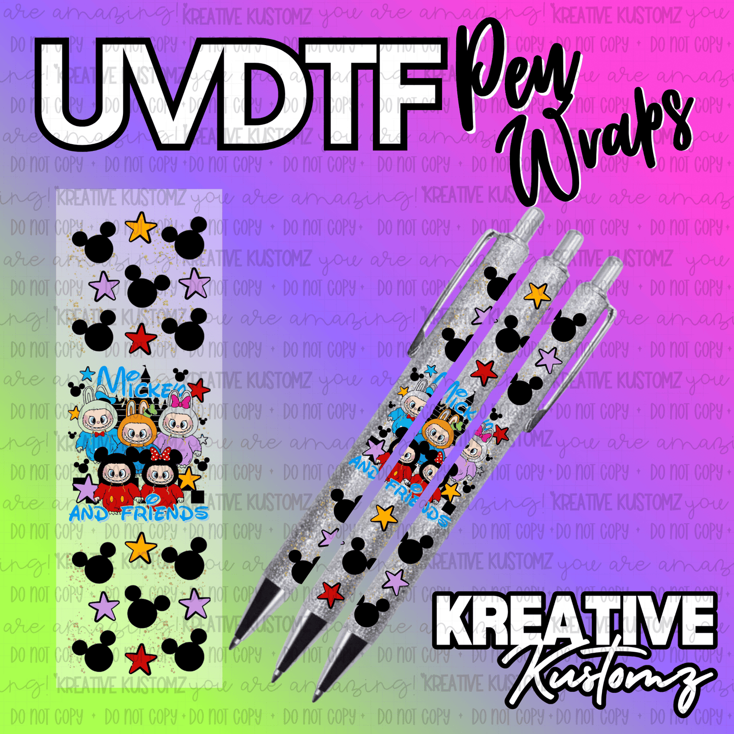 UV DTF adhesive pen wraps featuring a Mickey and Friends theme with stars and mouse ears.