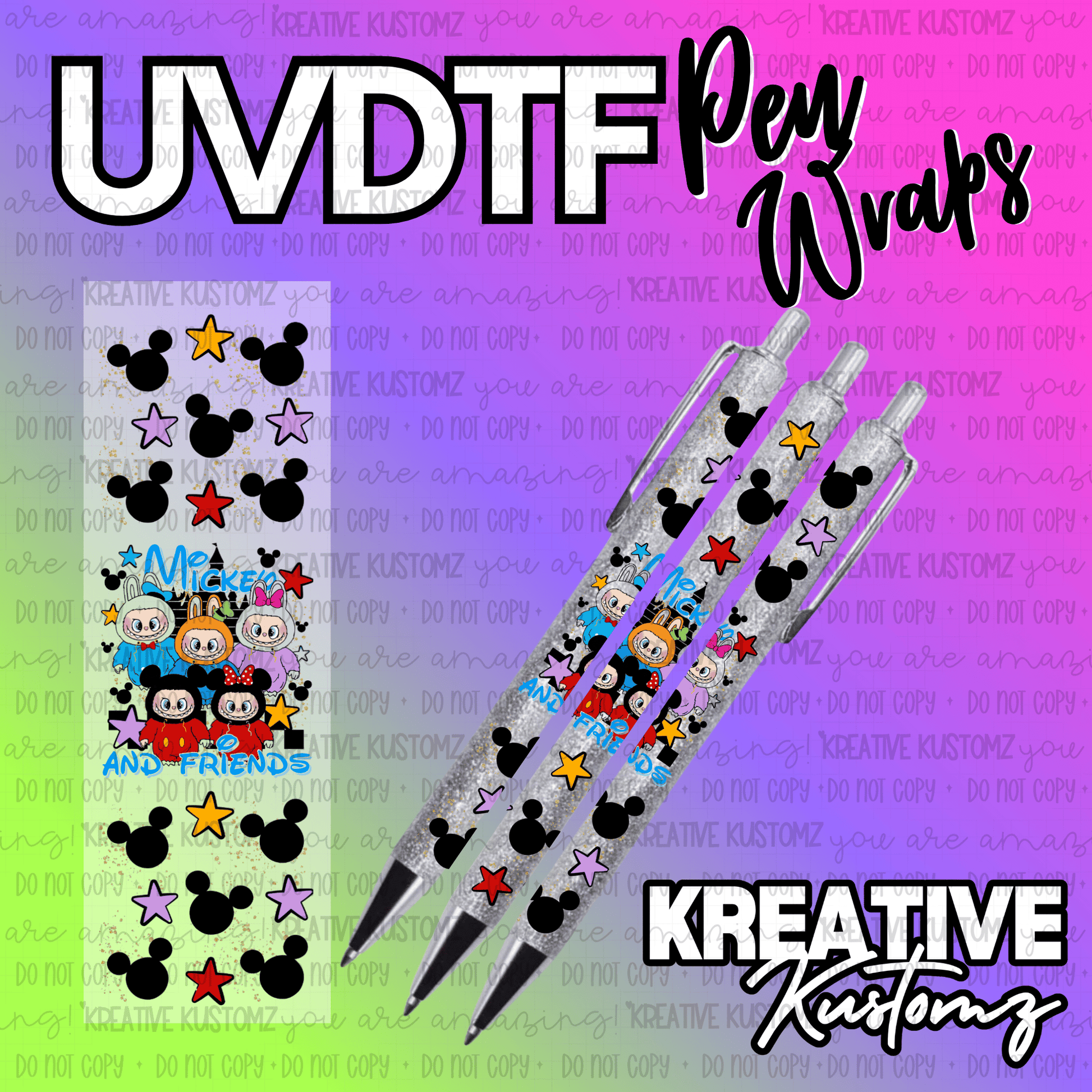 UV DTF adhesive pen wraps featuring a Mickey and Friends theme with stars and mouse ears.