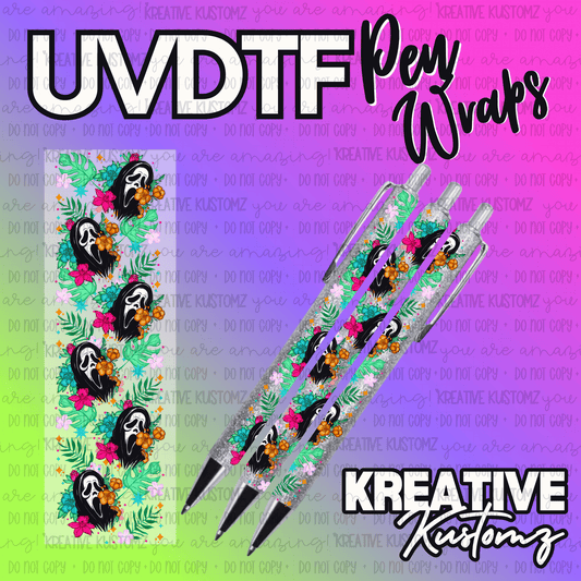 A floral Ghostface patterned UV DTF adhesive pen wrap decal on a colorful background.