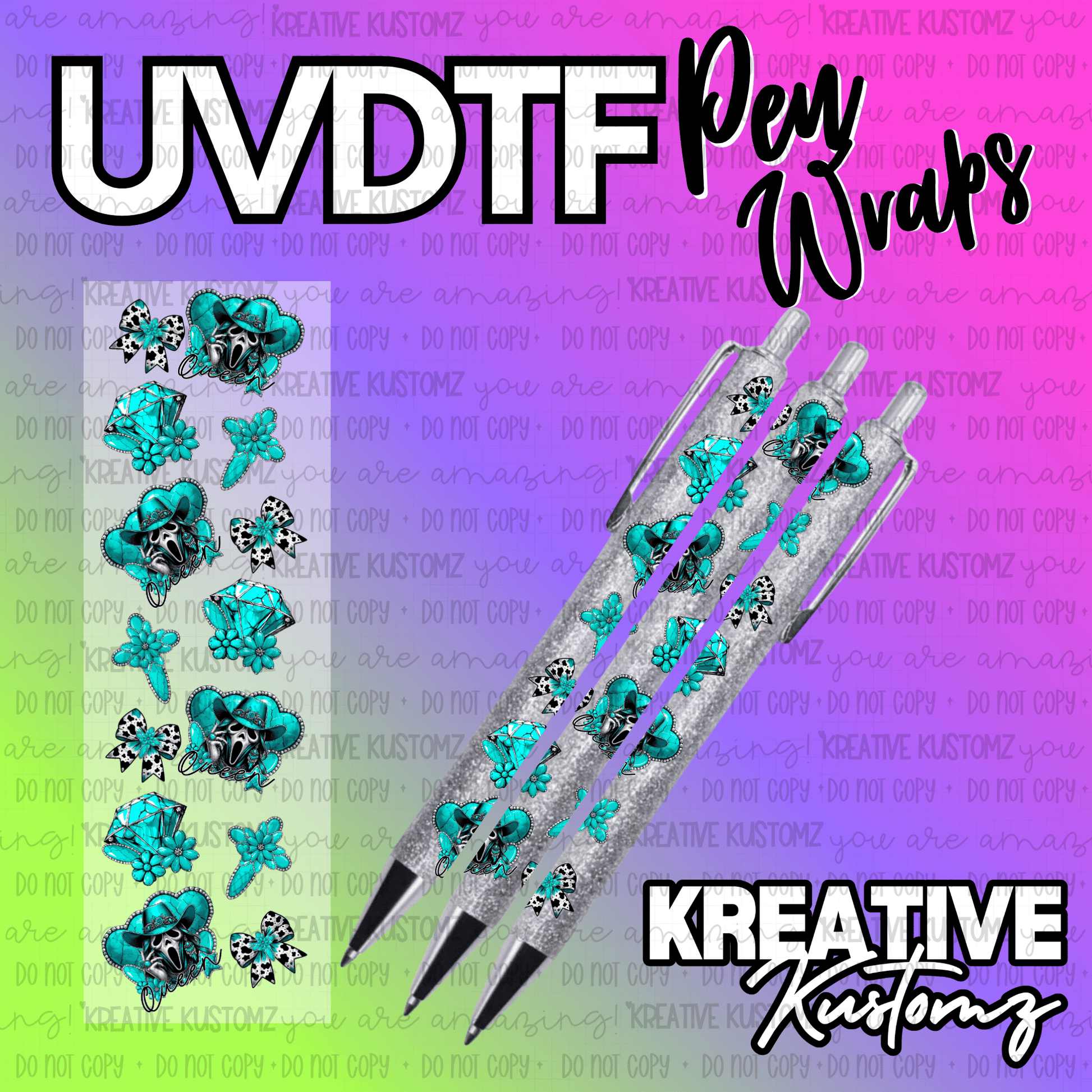 A sheet of turquoise and black patterned UV DTF pen wraps featuring skulls and diamonds.